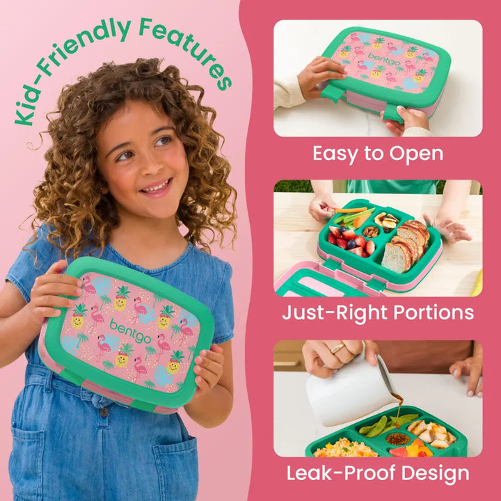 Bentgo Kids Prints with 5 Compartments, Leak-Proof Bento Lunch Box, BPA &amp; PFAS-Free, Microwave &amp; Dishwasher Safe Tray,  3–7 Years - Tropical