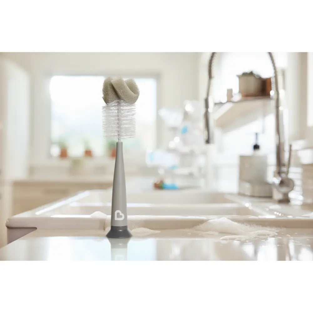 Munchkin Sponge Bottle Brush - with Suction Base and  Soft Rubber Nipple Brush - Grey