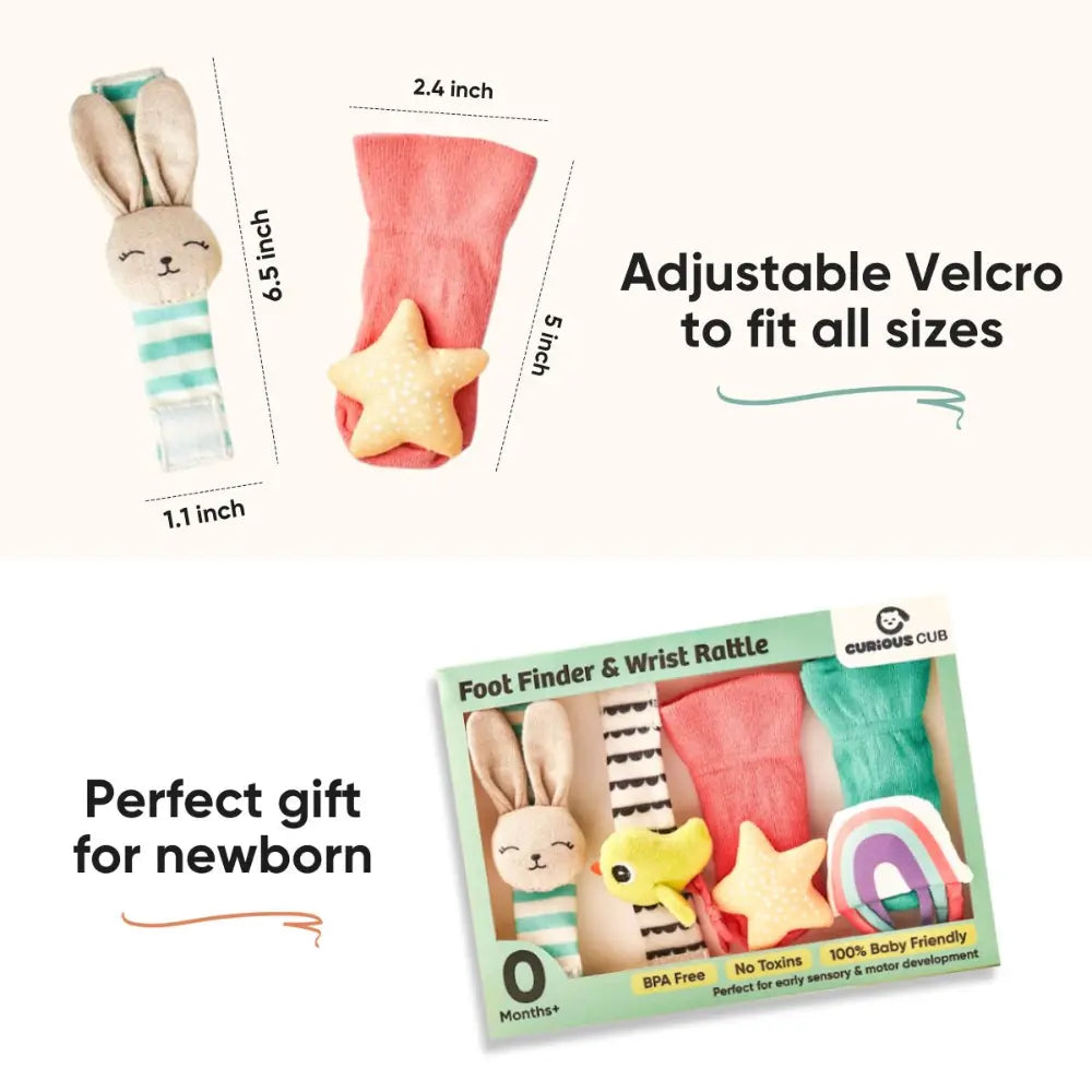 Curious Cub Soft Foot Finder &amp; Wrist Rattle Set | Wearable Sensory Baby Toy | Motor Skill &amp; Coordination Play | 0+ Months