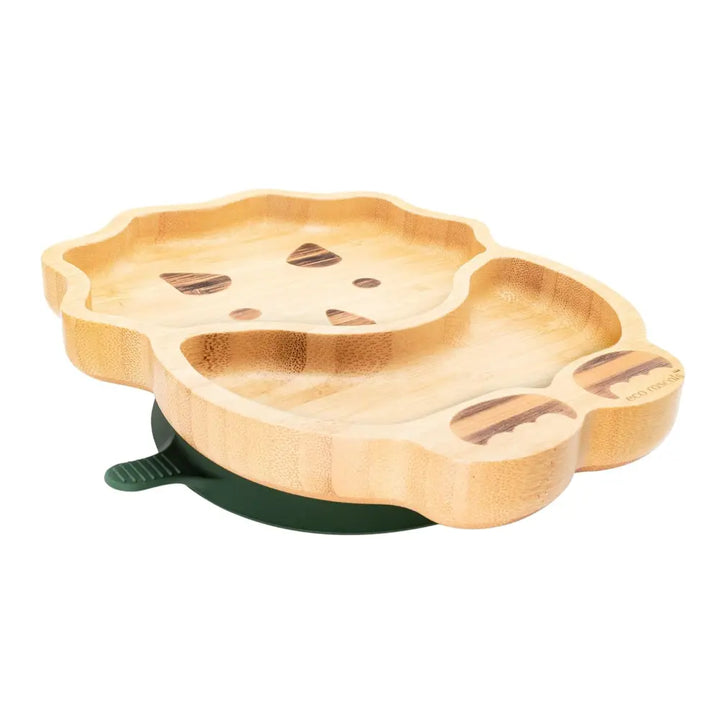 Eco Rascals Bamboo Dinosaur Shaped Plate - Baby Led Weaning, 2 Section Plate - Non Toxic, Natural Bamboo with Strong Suction, FDA Approved, 100% Silicone Suction Bases, BPA-PVC Free - Green
