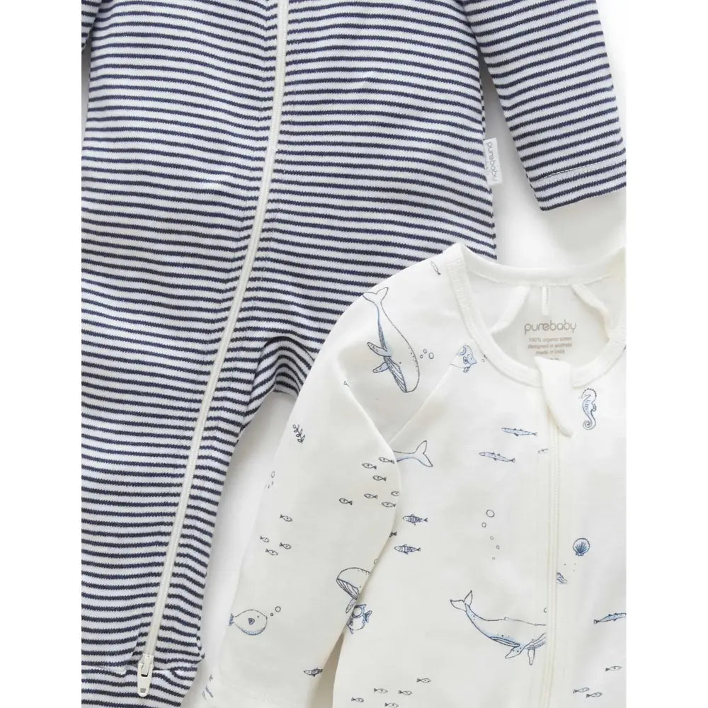 Purebaby Unisex Nautical Pack of 2 Organic Cotton Baby Growsuits - Vanilla