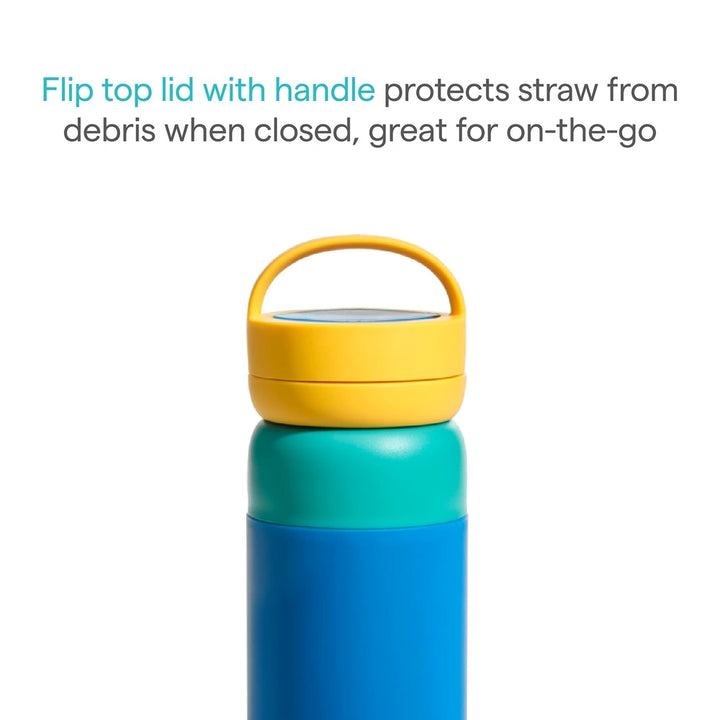 Munchkin Stay Cool Insulated Water Bottle, 355ml/ 12oz, Toddler Straw Bottle, With Flip Flop Lid &amp; Carrying Handle, Spill Proof valve, 24+ Months - Blue