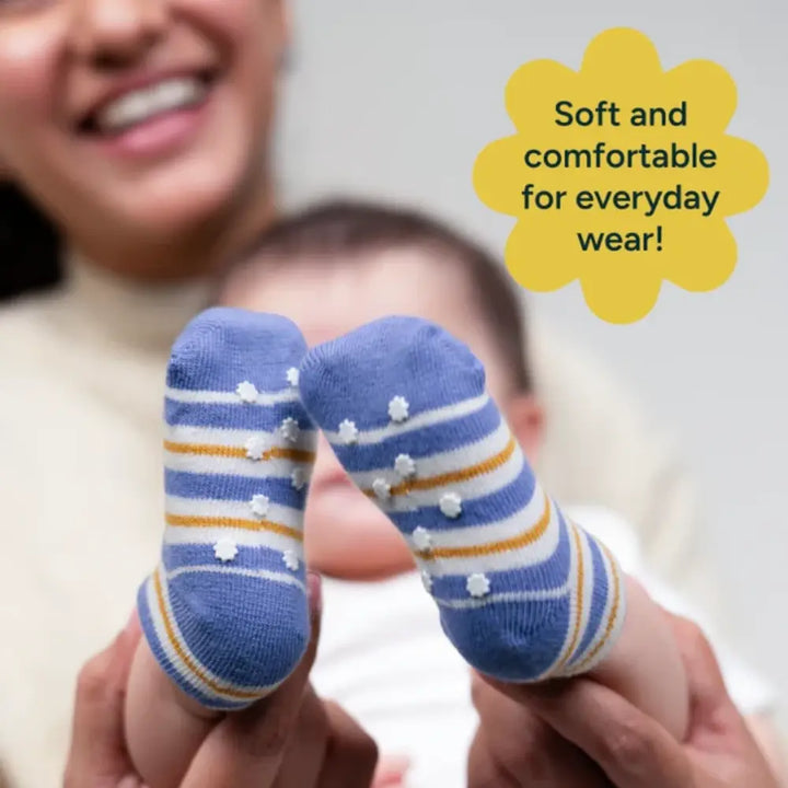 Nintara Anti-Slip Baby Socks - Set of 6 | Blue Bundle (0-3M)