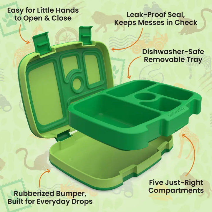 Bentgo Kids Prints with 5 Compartments, Leak-Proof Bento Lunch Box, BPA &amp; PFAS-Free, Microwave &amp; Dishwasher Safe Tray,  3–7 Years - Safari