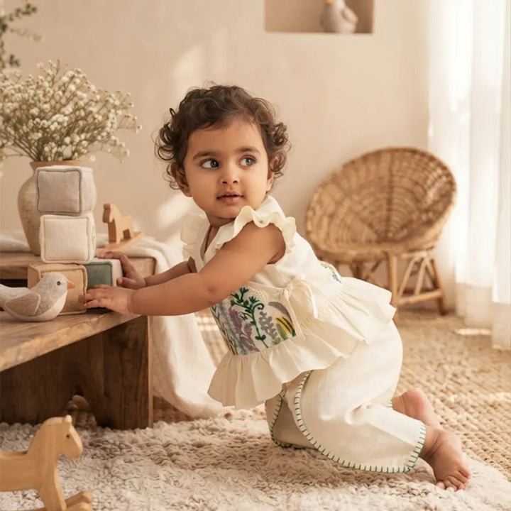 PureCloth.Co Jamna Set | Girls Chanderi Silk | Off-White