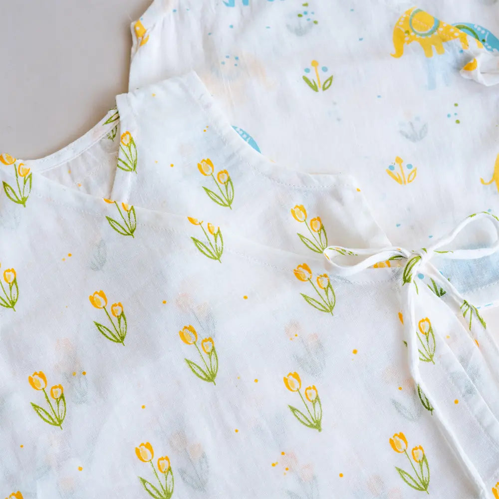 PureCloth.Co Yellow Floral Elephant Muslin Jablas - Off-White