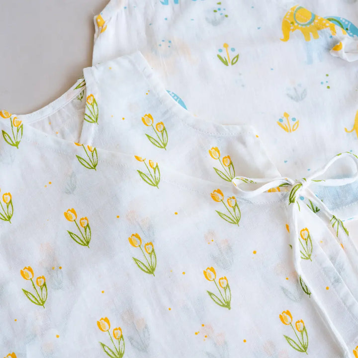 PureCloth.Co Yellow Floral Elephant Muslin Jablas - Off-White