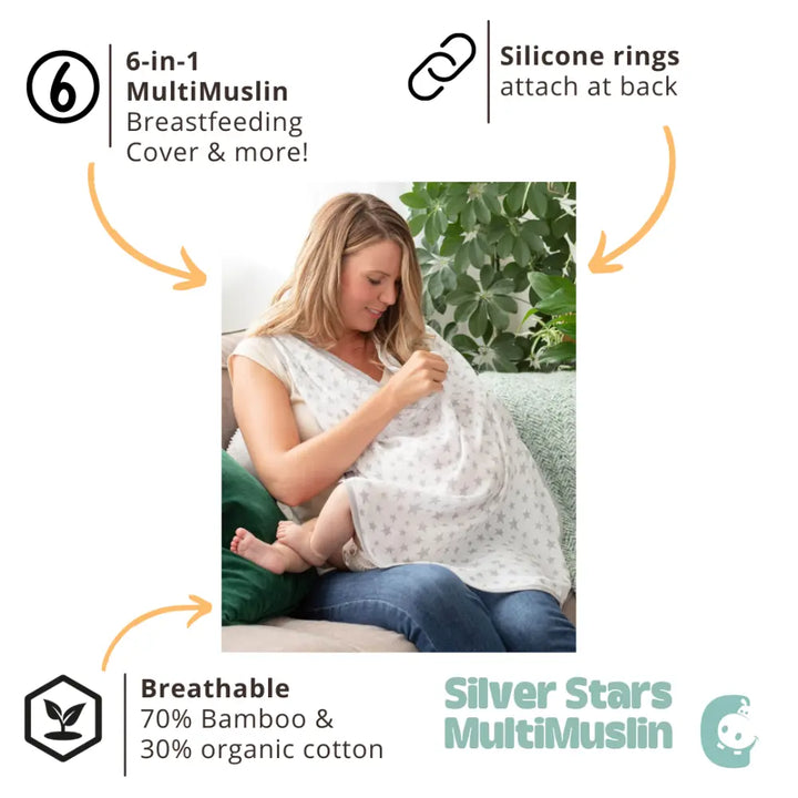 Cheeky Chompers 6-in-1 Muslin Breastfeeding Cover &amp; Teething Cloth, Bamboo &amp; Organic Cotton, Multi-Use Baby Essential with Silicone Teething Rings, Lightweight &amp; Breathable, Newborn+ - Silver Stars
