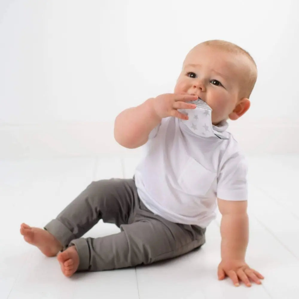 Cheeky Chompers Muslin Neckerchew for Babies &amp; Toddlers, Reversible Bib with Attached Silicone Teether, Super Absorbent, BPA-Free, 2–24 Months - Silver Stars