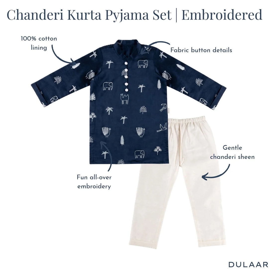 Dulaar Chanderi Kurta Pyjama Set for Boys | Embroidered-Magical Jungle (Royal Blue)