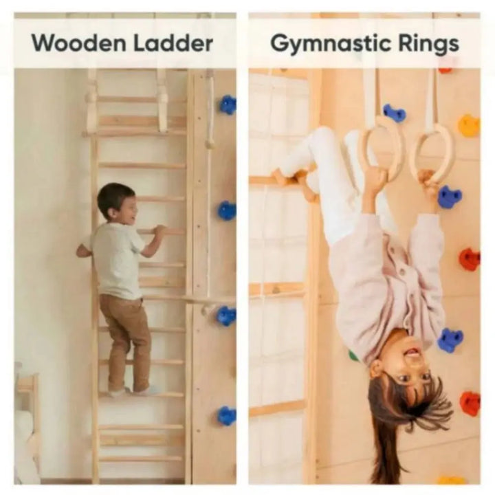 Curious Cub Ultimate Jungle Gym 4 | 7 Components - Wooden Ladder | Rope Ladder | Gymnastic Rings | Disk Swing | Trapeze Bar | Monkey Bars | Rock Climbing | Ages 4-15 Years