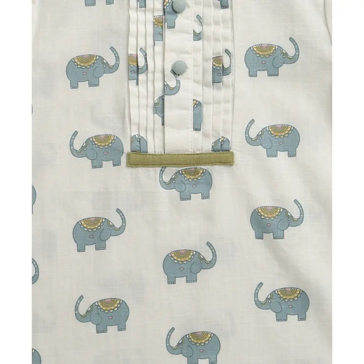 Sweetlime By AS Baby Boys Elephant Printed Cotton Kurta with Olive Cotton Pants Co-ord Set - White &amp; Olive Green