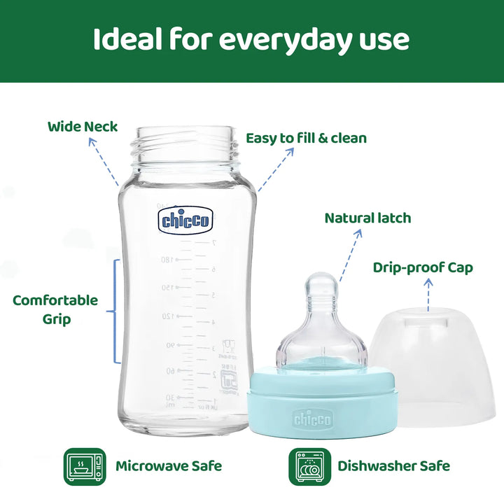 Chicco Well-Being Glass Feeding Bottle (240ml, Medium Flow) - Blue