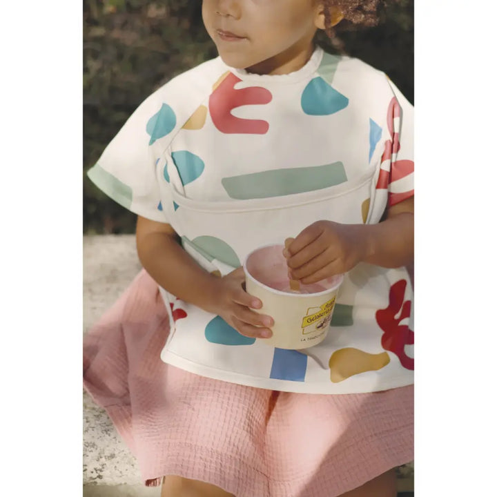 Beaba 2-in-1 Waterproof Bib with Detachable Sleeves, Foldable Food Catcher Pocket, Adjustable Snap Fit &amp; Elastic Cuffs, Soft &amp; Easy-Clean Bib for Feeding &amp; Activities, 4M+