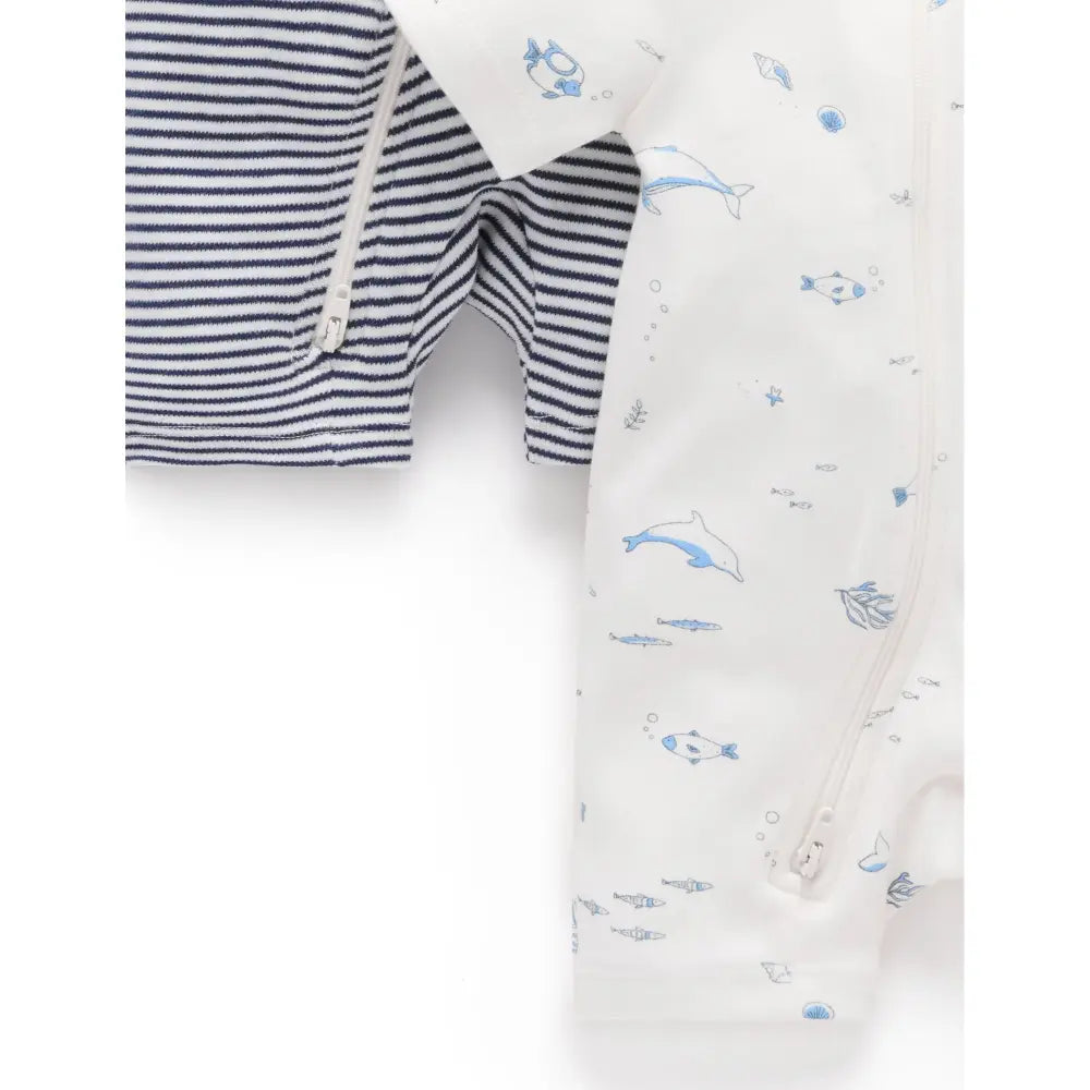 Purebaby Unisex Nautical Pack of 2 Organic Cotton Short Zip Growsuit - Vanilla