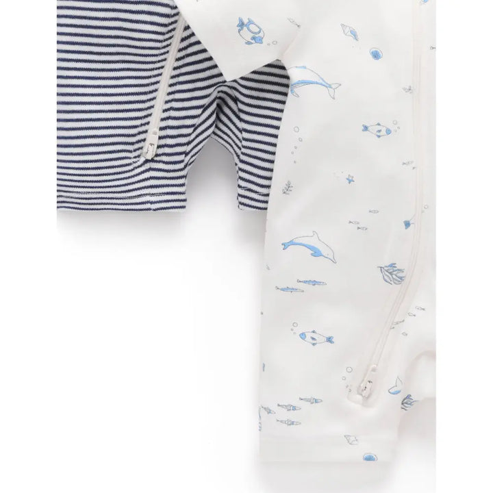 Purebaby Unisex Nautical Pack of 2 Organic Cotton Short Zip Growsuit - Vanilla