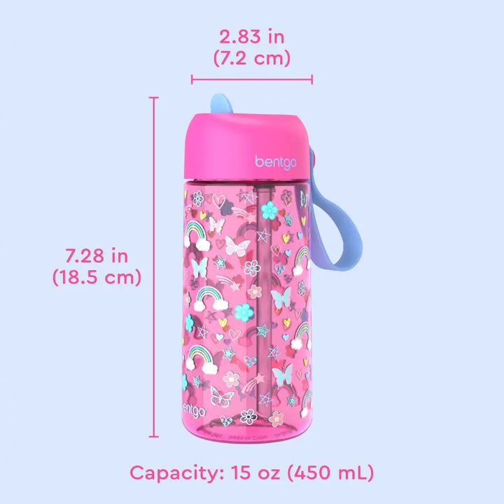 Bentgo Kids Water Bottle 450 ml, Leak-Proof Straw Bottle for Kids, Lightweighted &amp; Durable, BPA &amp; PFAS-Free Tritan Water Bottle, Ideal for School, Daycare &amp; Travel, 3 years+ - Rainbow and Butterflies