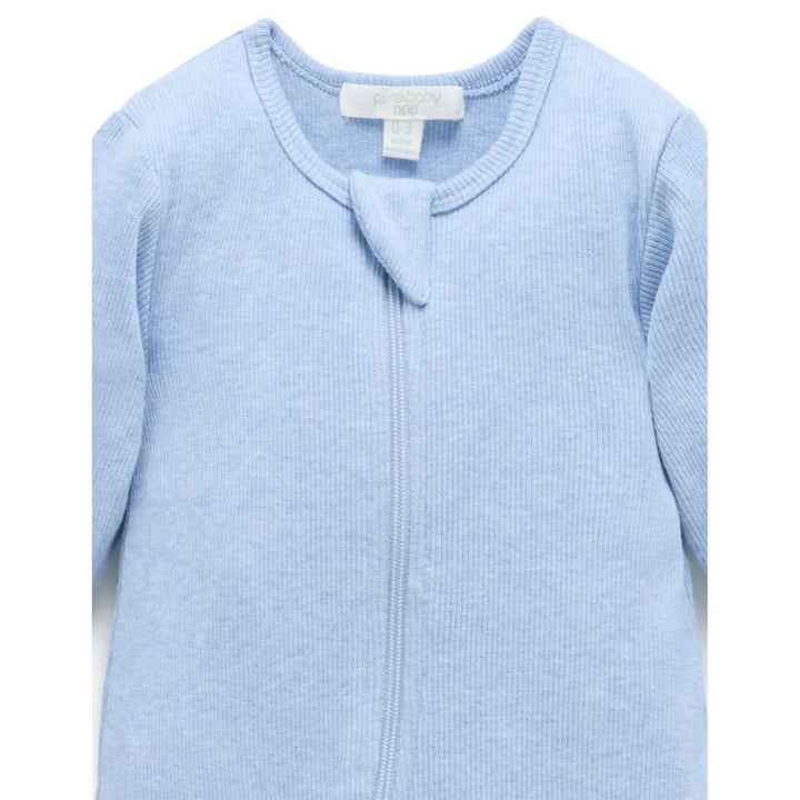 Purebaby Unisex Organic Cotton Rib Zip Growsuit - Pale Blue Melange