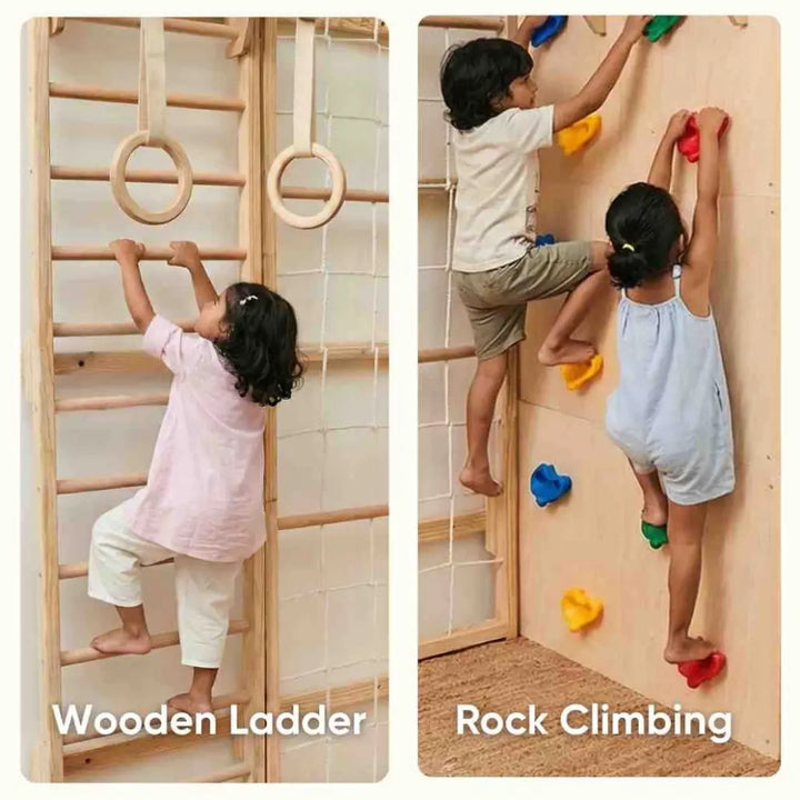 Curious Cub L-Shaped Corner Jungle Gym | 5 Components - Wooden Ladder, Moveable Monkey Bar, Rock Climbing, Rope ladder, Gymnastic Rings | Ages 4-15 Years