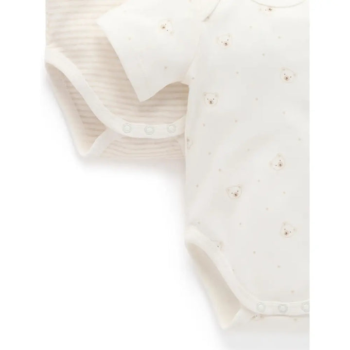 Purebaby Unisex Pack of 2 Bear Organic Cotton Easy Neck Bodysuits - Vanilla