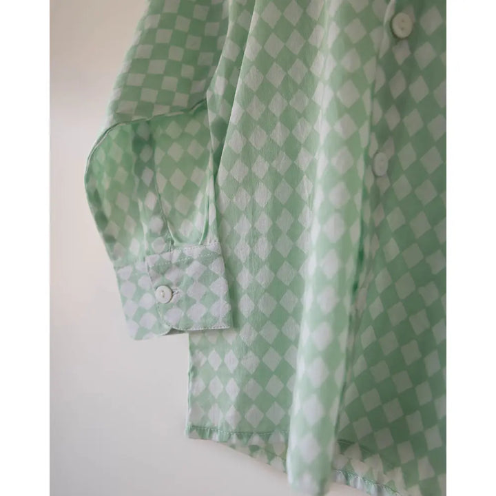 Love The World Today Unisex Barefoot Boy Shirt In Sage Green Rhombus
