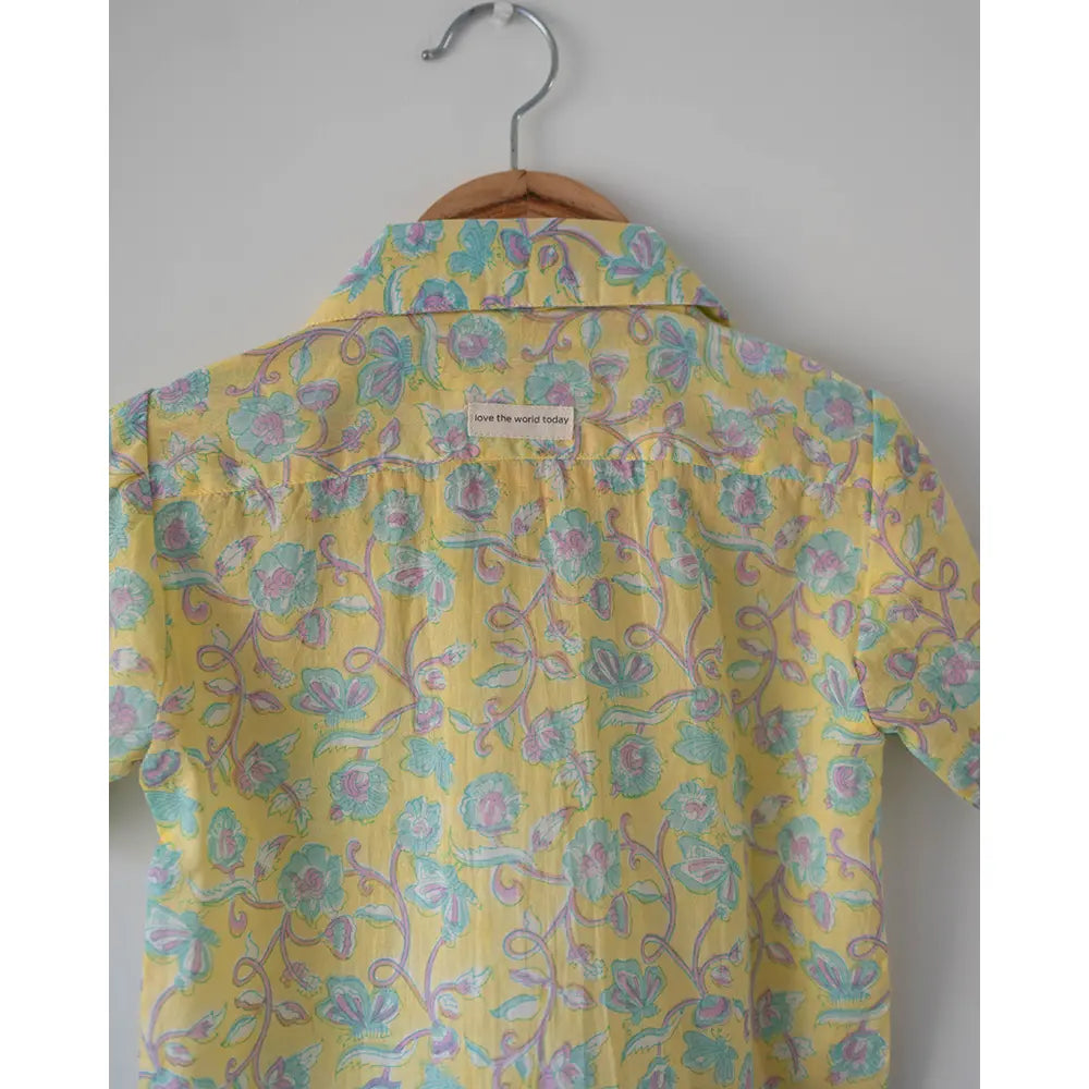 Love The World Today Unisex Boogie Shirt In Lemon Yellow Butterfly Blockprint