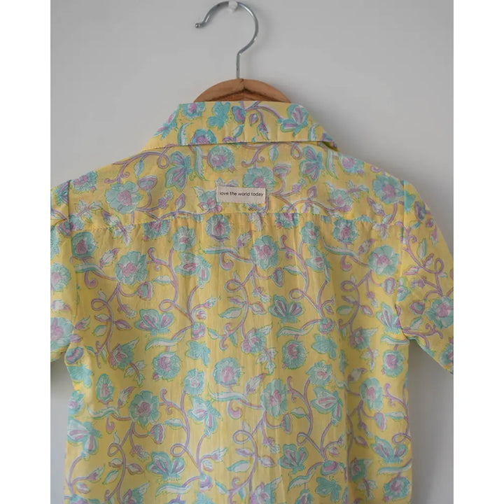 Love The World Today Unisex Boogie Shirt In Lemon Yellow Butterfly Blockprint
