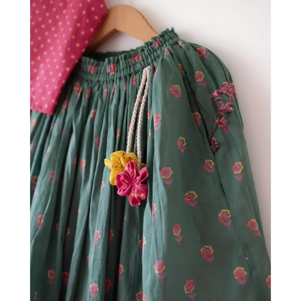 Love The World Today Kopal Magenta Polka Blouse &amp; Green Floral Booti Lehenga Set For Girls