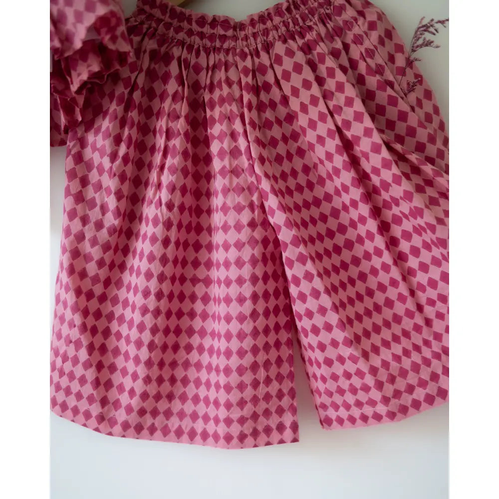 Love The World Today Mishri Pink Rhombus Halter Top &amp; Wide-Leg Palazzo Set For Girls