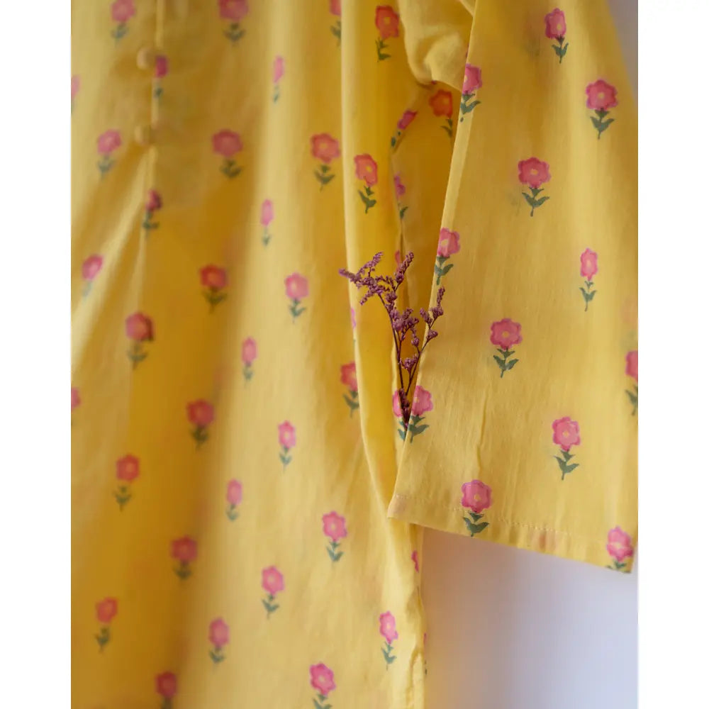 Love The World Today Meera Yellow Flower Booti Cotton Kurta For Boys