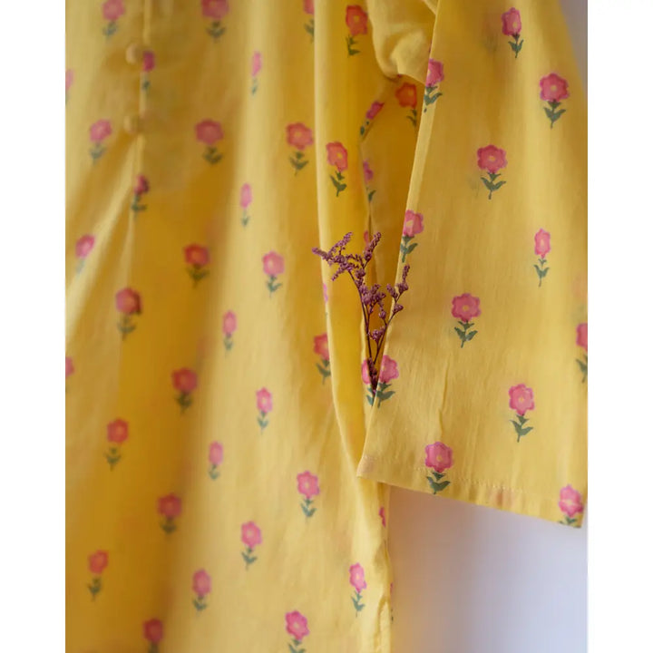 Love The World Today Meera Yellow Flower Booti Cotton Kurta For Boys