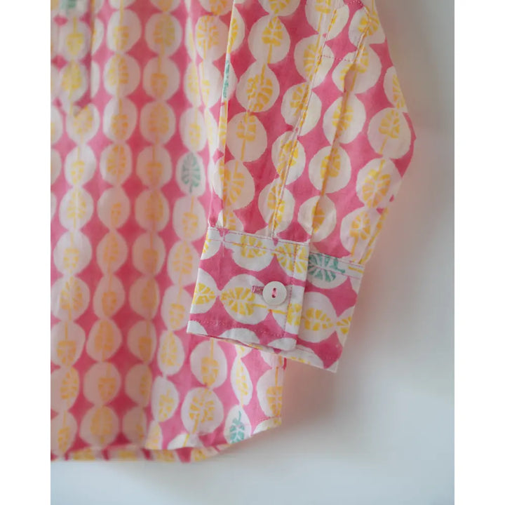 Love The World Today Leela Pink White Monstera Print Full Sleeve Shirt Kurta For Boys