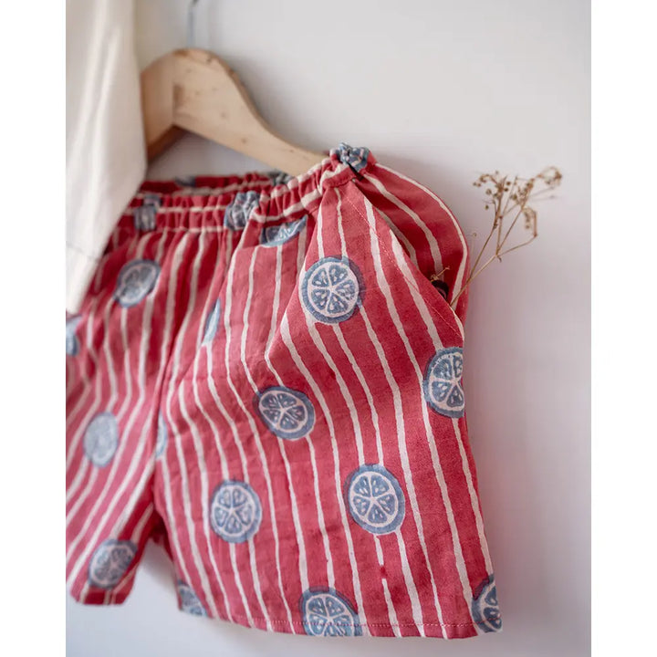 Love The World Today Sleepover Party Kurta and Shorts Co-ord Set - Lemon Drizzle Red Print - Blue