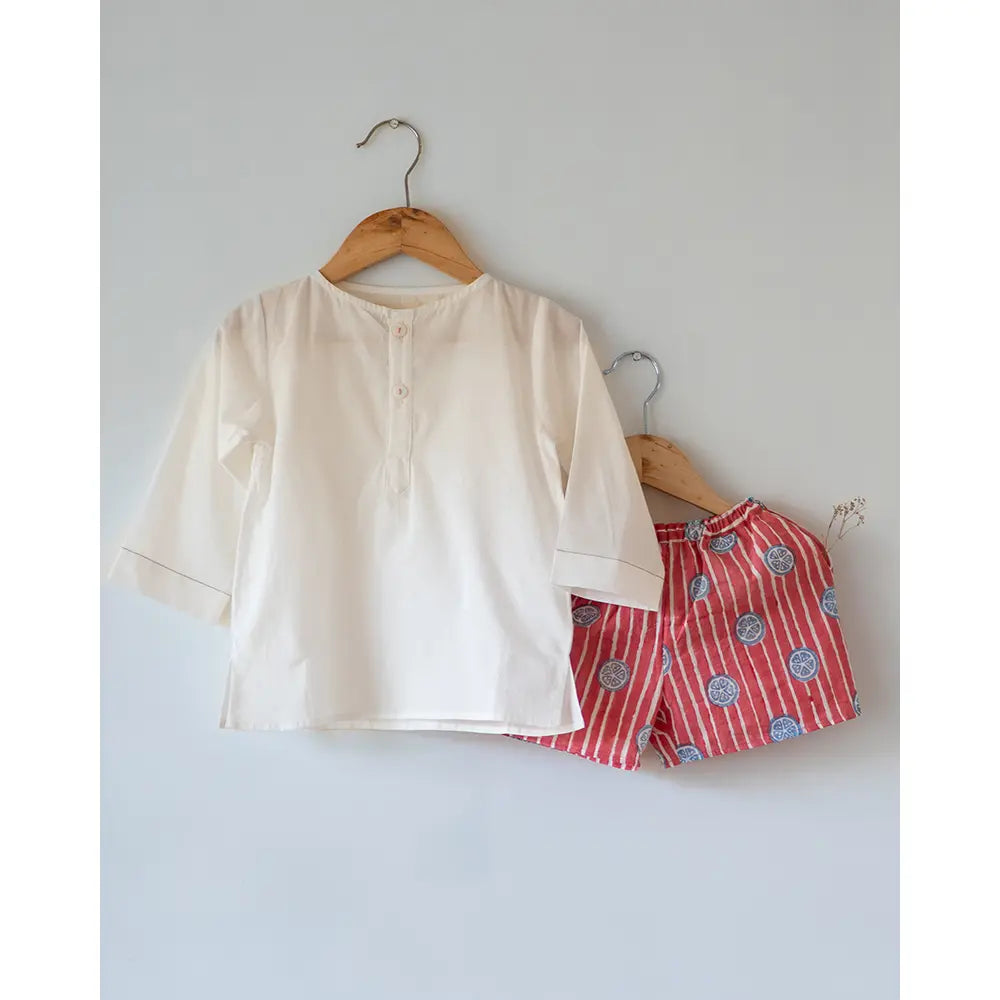 Love The World Today Sleepover Party Kurta and Shorts Co-ord Set - Lemon Drizzle Red Print - Blue