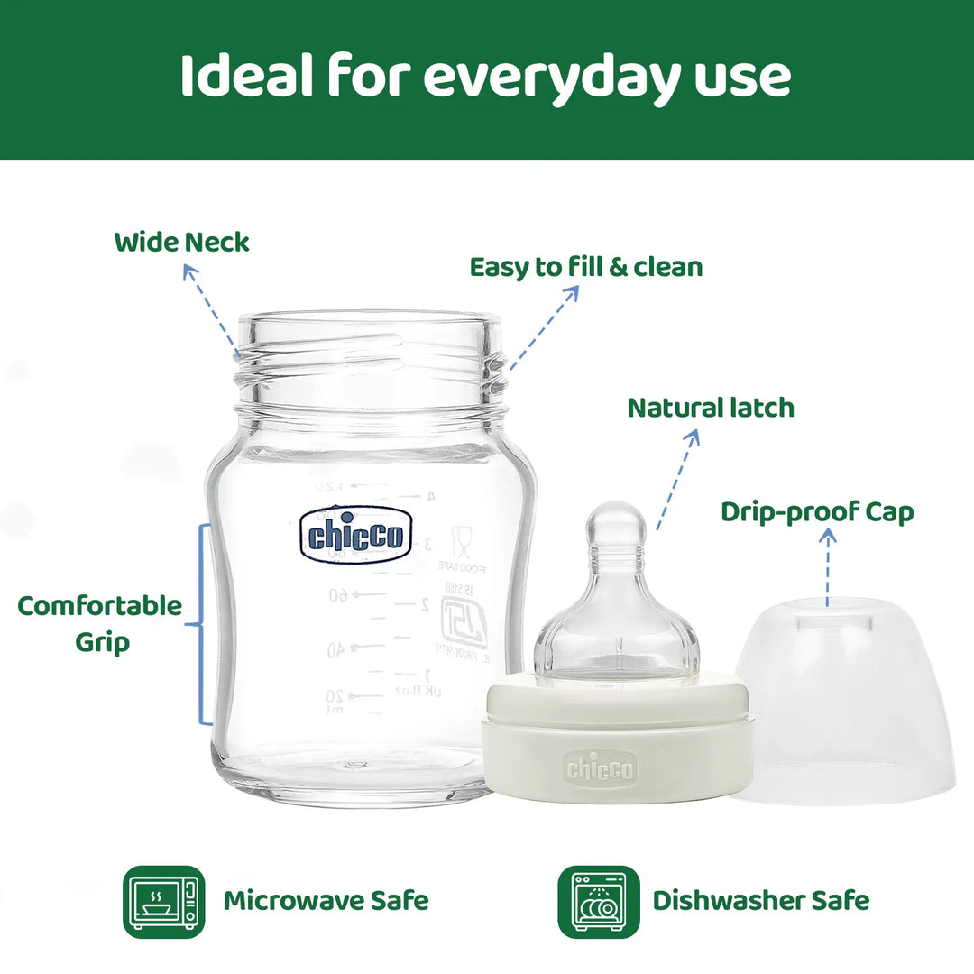 Chicco Well-Being Glass Feeding Bottle (120ml, Slow Flow) - Neutral