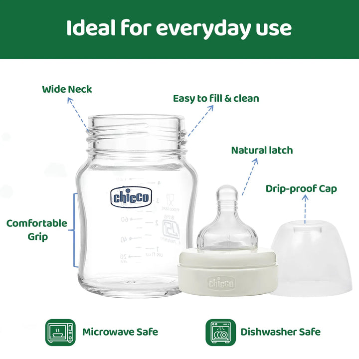Chicco Well-Being Glass Feeding Bottle (120ml, Slow Flow) - Neutral