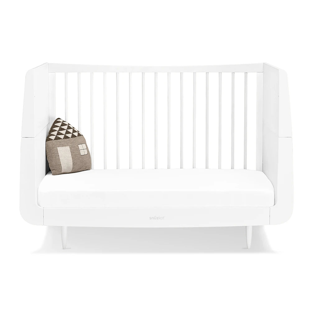 SnuzKot Convertible Cot &amp; Bed from Birth to 4 Years - Adjustable 3 Height Settings, Includes Mattress, Safe and Durable Wooden Crib with Breathable Airflow Design - White
