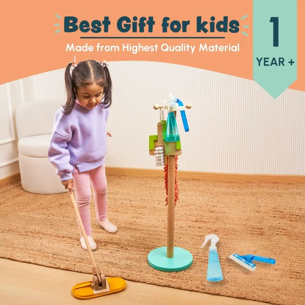 Curious Cub Wooden Kids Cleaning Play Set | Pretend Play Mop, Brush &amp; Spray Bottle | Montessori Life Skills Toy | 1 Year+