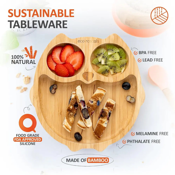 Eco Rascals Bamboo Owl Shaped Plate - Baby Led Weaning, 3 Section Plate - Non Toxic, Natural Bamboo with Strong Suction, FDA Approved, 100% Silicone Suction Bases, BPA-PVC Free - Orange