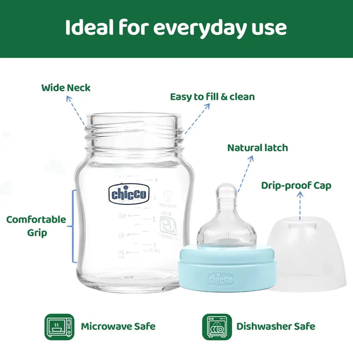 Chicco Well-Being Glass Feeding Bottle (120ml, Slow Flow) - Blue