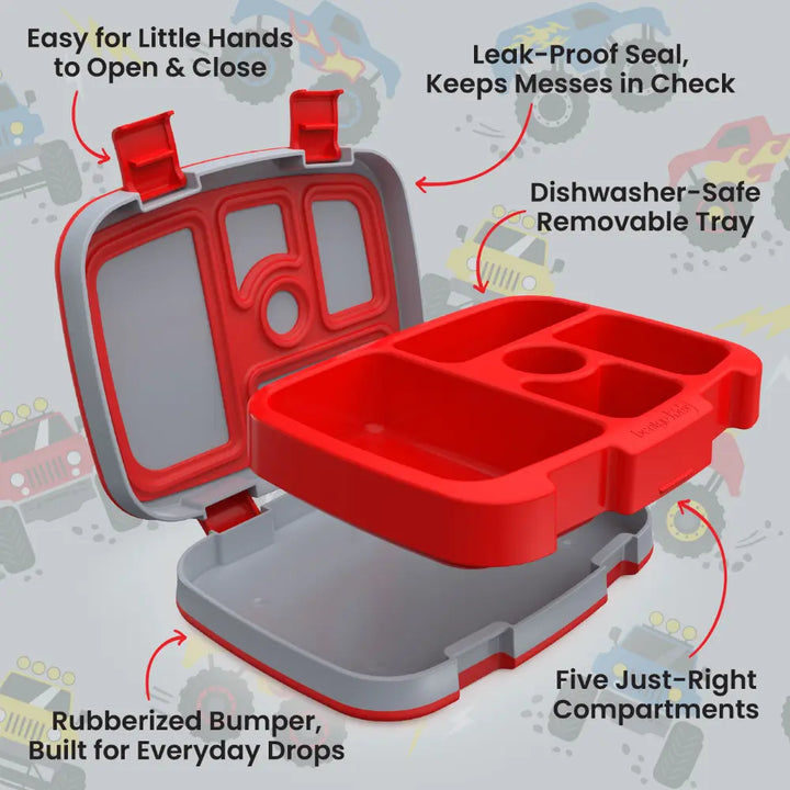 Bentgo Kids Prints with 5 Compartments, Leak-Proof Bento Lunch Box, BPA &amp; PFAS-Free, Microwave &amp; Dishwasher Safe Tray,  3–7 Years - Trucks