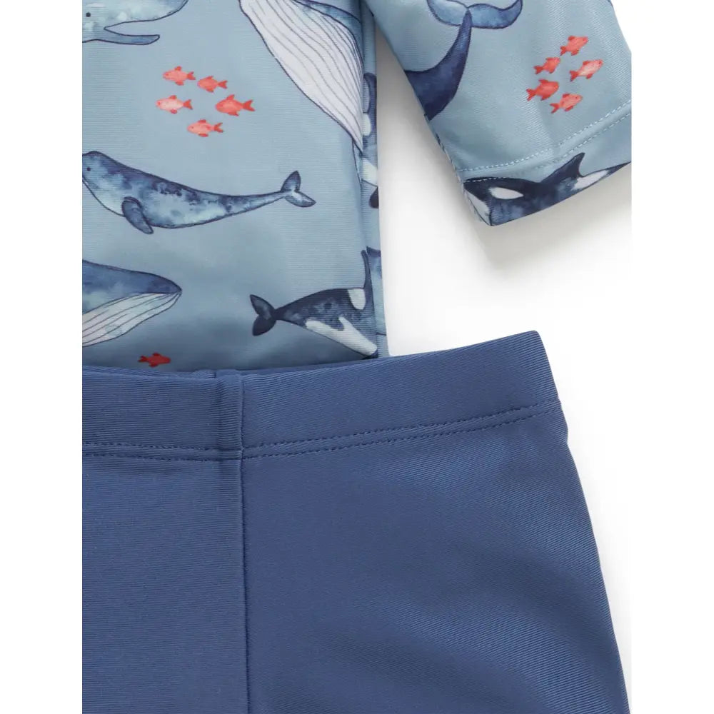 Purebaby Unisex Blue Long Sleeve Rashie Set  -  Whale Pod Print