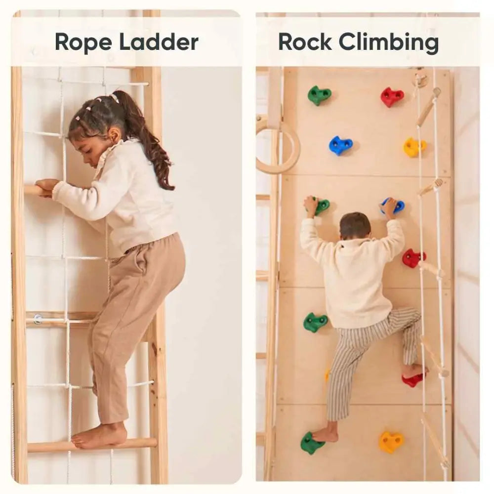 Curious Cub Space Saver Jungle Gym 2 | 6 Components - Rope Ladder, Rock Climbing, Wobble Ladder, Monkey Bar, Gymnastic Rings, Disk Swing | Ages 4-15 Years
