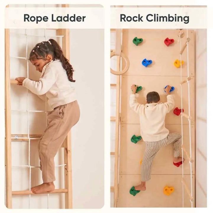 Curious Cub Space Saver Jungle Gym 2 | 6 Components - Rope Ladder, Rock Climbing, Wobble Ladder, Monkey Bar, Gymnastic Rings, Disk Swing | Ages 4-15 Years