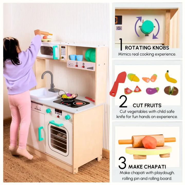Curious Cub Wooden Kitchen Set with Real Running Water Sink | Pretend Play Cooking Station | Montessori-Inspired | Ages 1-7