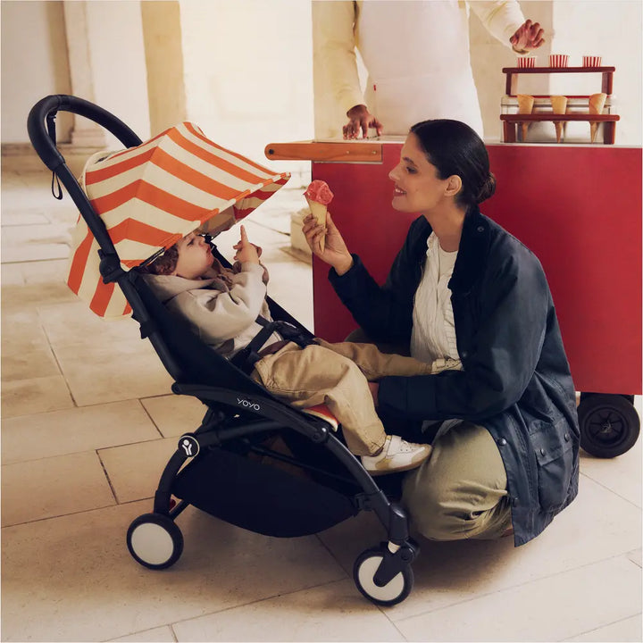 Stokke YOYO3 Riviera Stroller - Limited Edition Summer Collection | Includes Matching Seat Cushion, Canopy &amp; Parasol | Cabin Friendly Ultra Compact Fold | UPF 50+ Sun Protection | Lightweight at 6.7 kg | 6 Months to 4 Years - Black/Capri