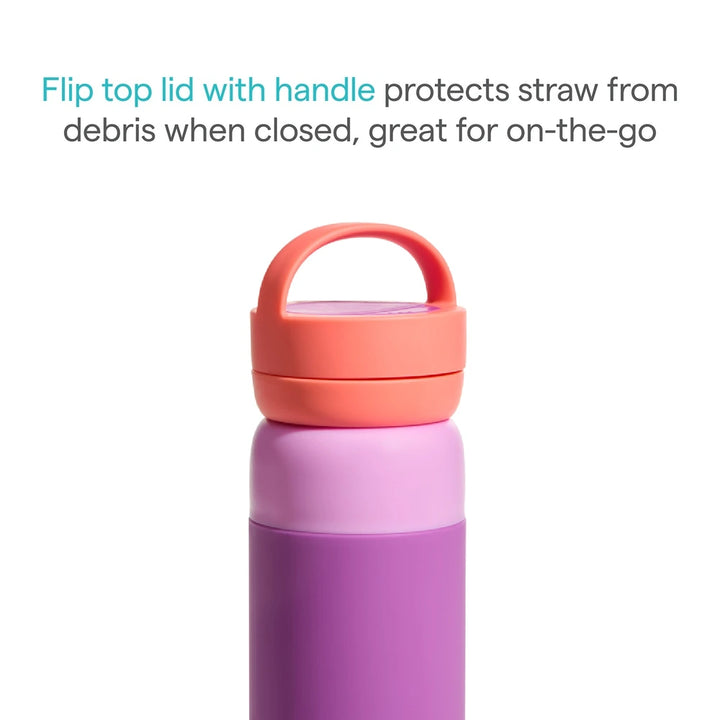 Munchkin Stay Cool Insulated Water Bottle, 355ml/ 12oz, Toddler Straw Bottle, With Flip Flop Lid &amp; Carrying Handle, Spill Proof valve, 24+ Months - Purple