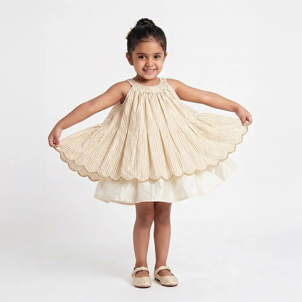 PureCloth.Co Baby Girl Silk Dress | Golden Stripe White Golden Stripe