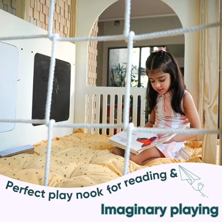 Curious Cub Playloft Indoor Jungle Gym | 8 Components - Rod Climbing, Monkey Bar, Rock Climbing, Slide, Rope Climbing, Playloft (Mattress included), Blackboard, Whiteboard | Ages 2-15 Years