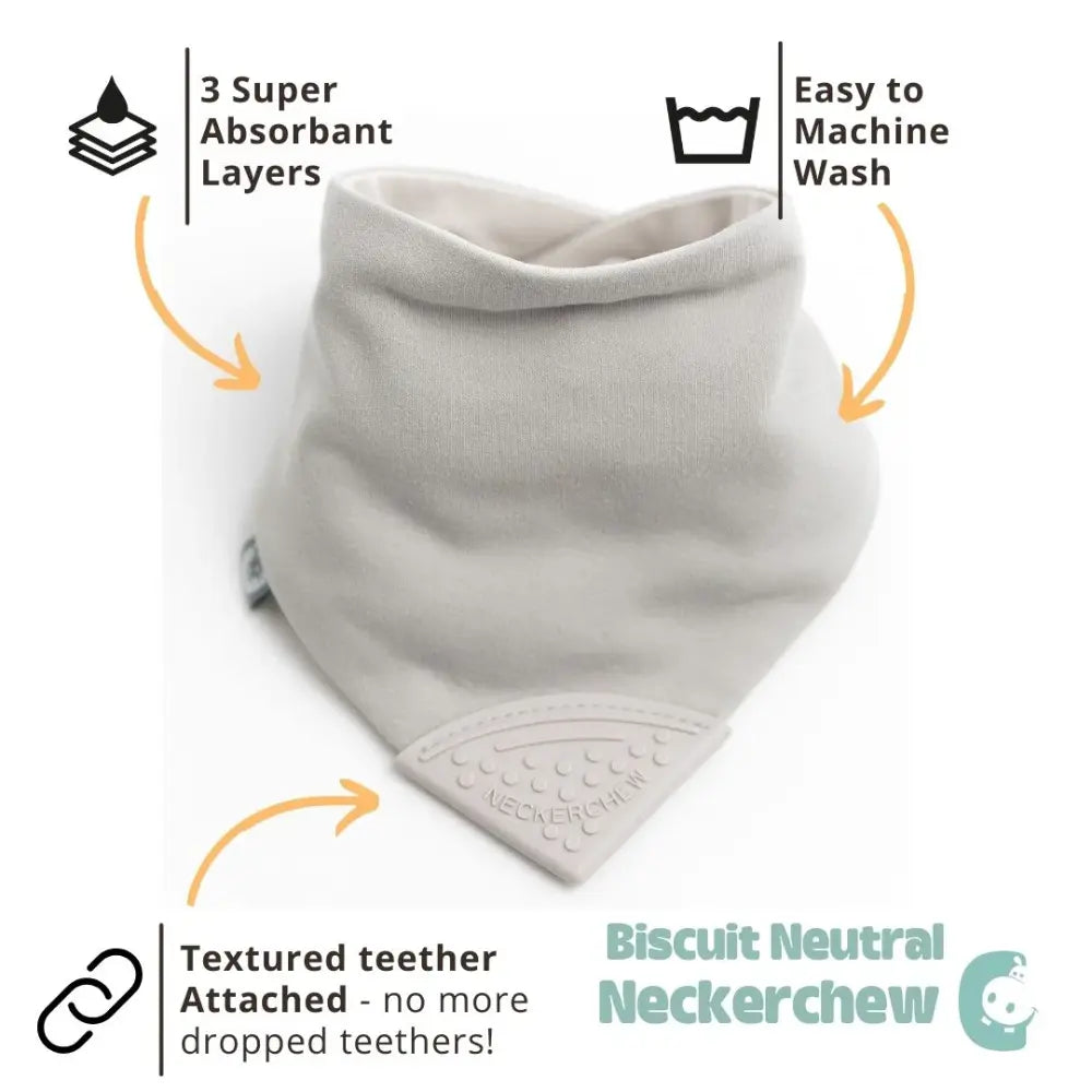Cheeky Chompers Neckerchew Teething Bib for Babies &amp; Toddlers, Reversible Dribble Bib with Attached Silicone Teether, BPA-Free, Super Absorbent, 2–24 Months - Biscuit
